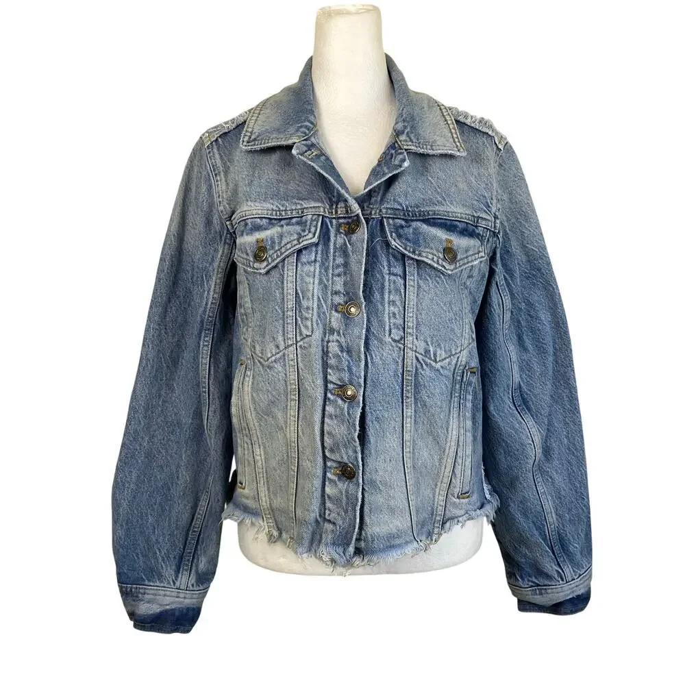 FP We The Free Sz S Indira Raw Hem Cropped Denim Jacket Retro Streetwear Casual